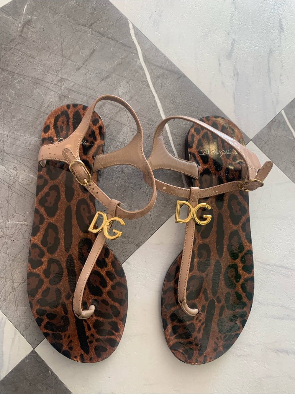 Dolce&Gabbana Leopard Print T-Strap Sandals in Tan